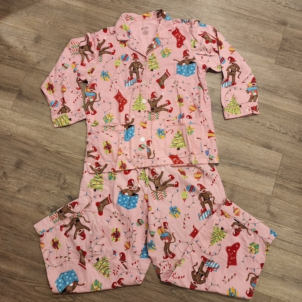Nick & Nora Flannel Pajamas Pink Sock Monkey Christmas Women's 2X-3X PJS Sleep